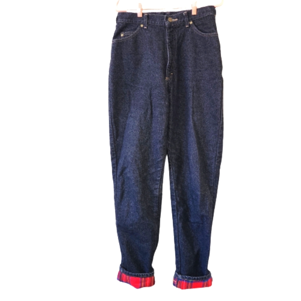 L L BEAN Black Flannel Lined Mom High Rise 100% Cotton Jeans Women's 12